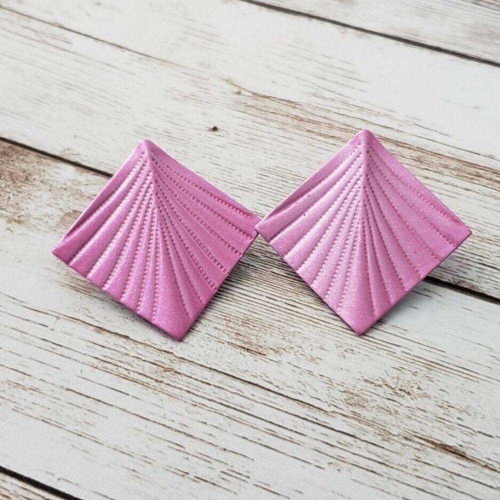Vintage Clip On Earrings Pink Line Design Diamond Shape Retro Statement